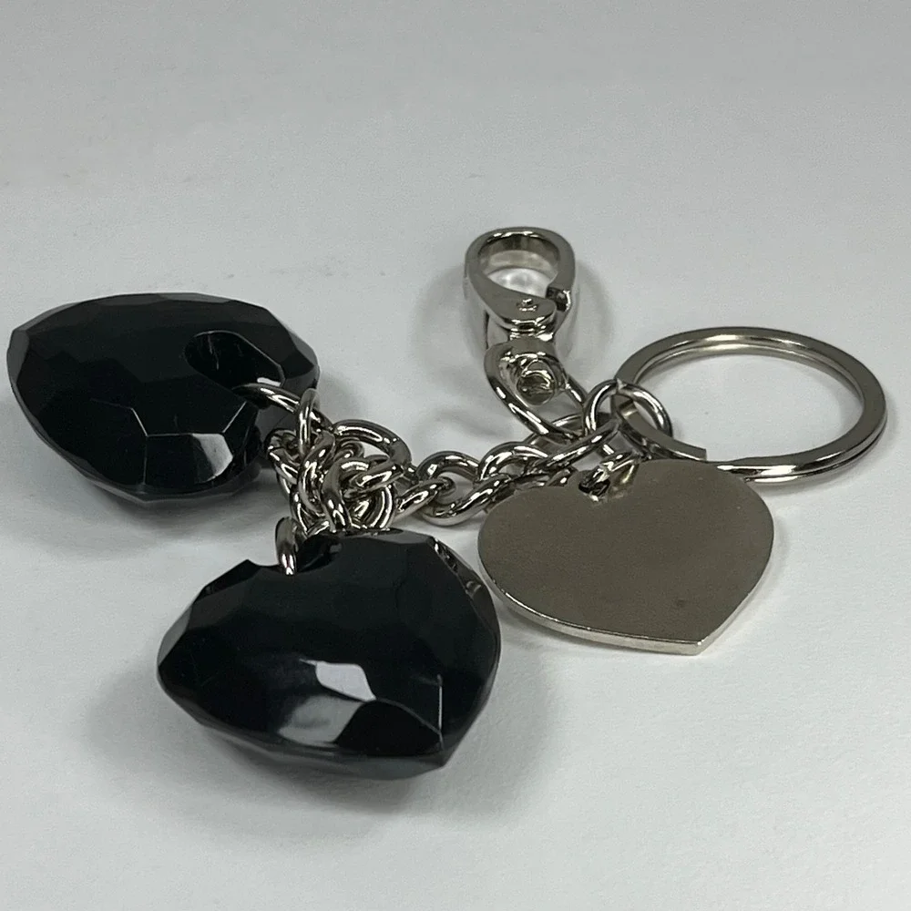 Kathy Van Zeeland Black Faceted Heart Keychain Bag Charm Silver Tone Logo Tag